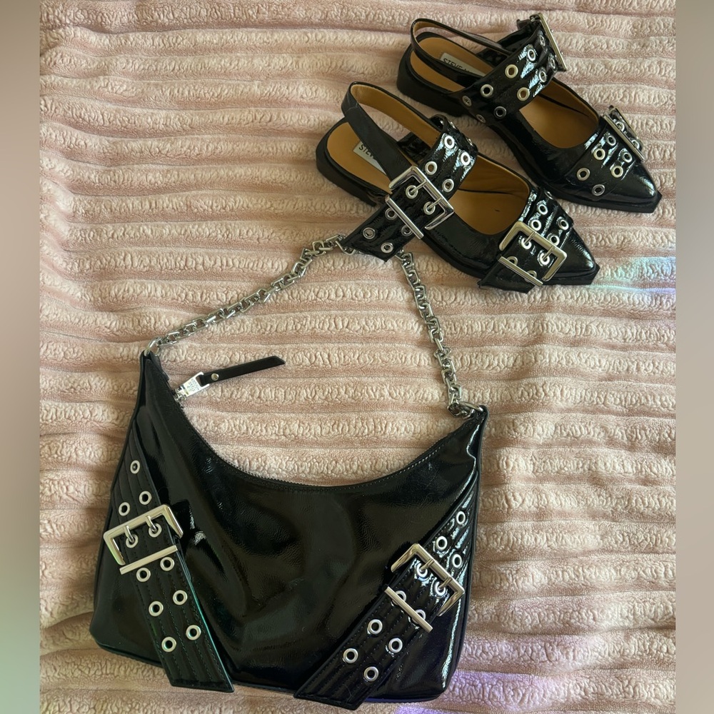 Steve Madden Bundle: Graya Black Patent Flats(Size 6)+Roller Buckle Shoulder Bag